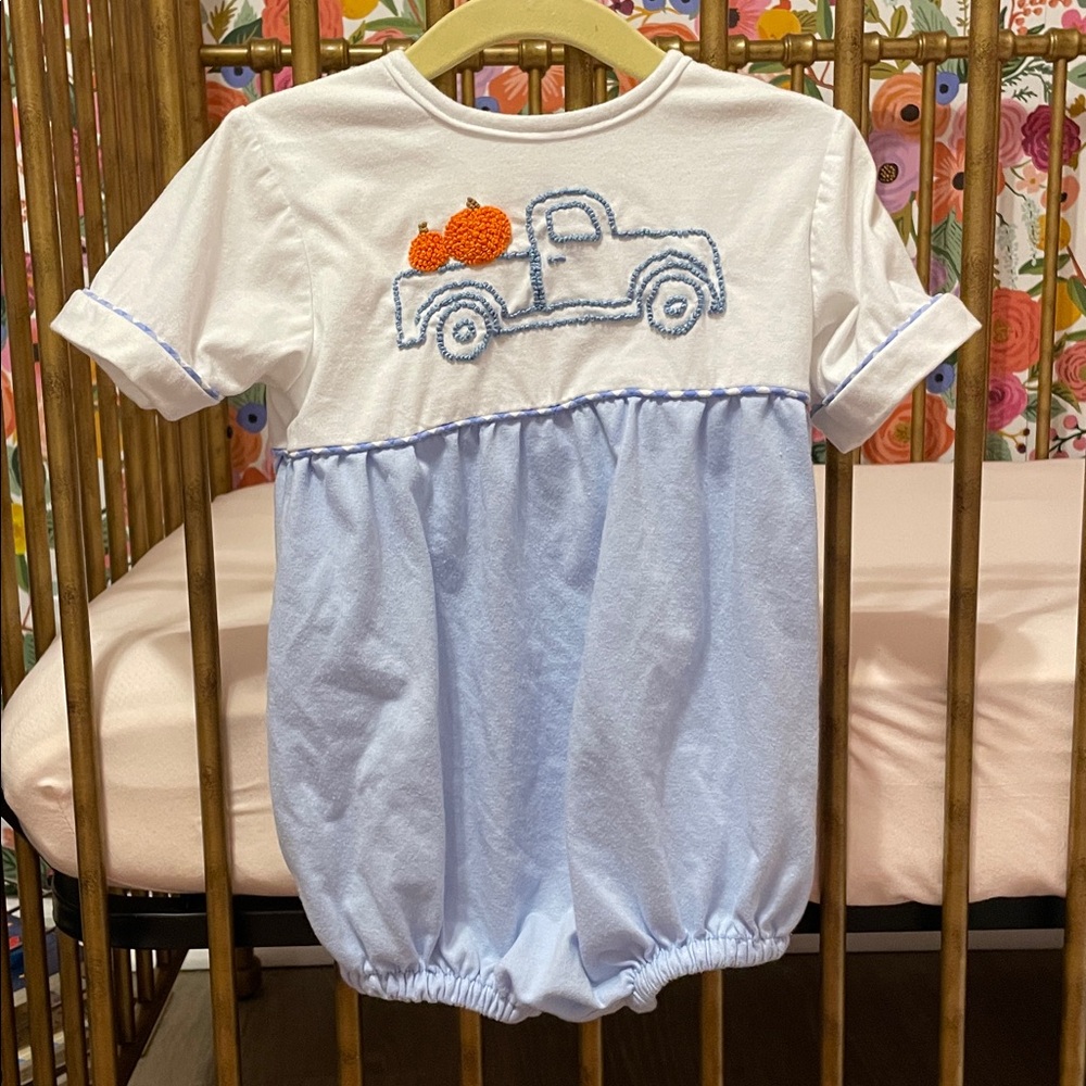 Blue and White Kids One Piece with Pumpkin Truck Design